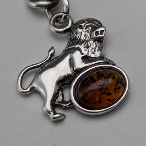 Circa 1910 British Antique Sterling Silver Albert Chain 34g Lion Fob with Amber